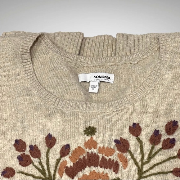 Sonoma Floral Embroidered Pullover Sweater Scoop Neck Relaxed Fit Beige Womens S - Picture 9 of 11